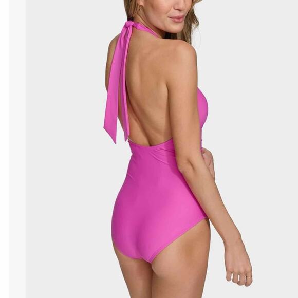 DKNY Triangle Halter One Piece Swimsuit Carnation Pink Size Medium - Picture 3 of 10